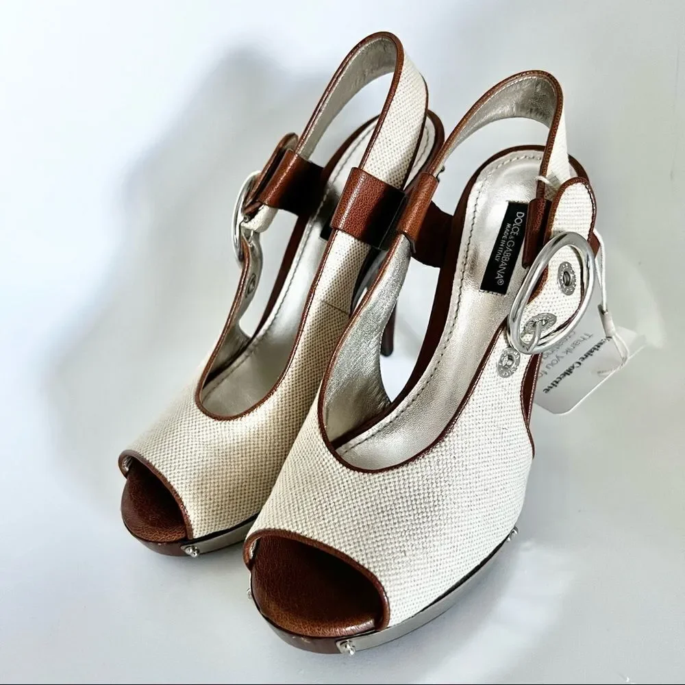 NEW Dolce & Gabbana Canvas Wooden Platform Open Toe Slingback EU 37 MSRP $795